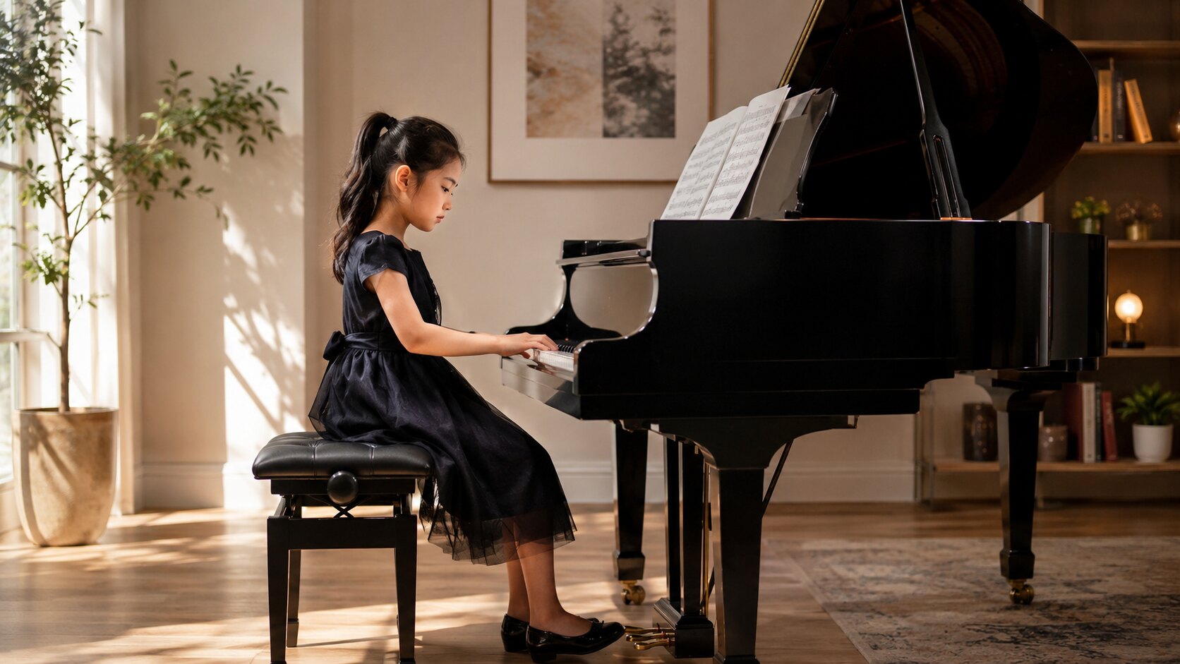 Young piano student practising at a grand piano