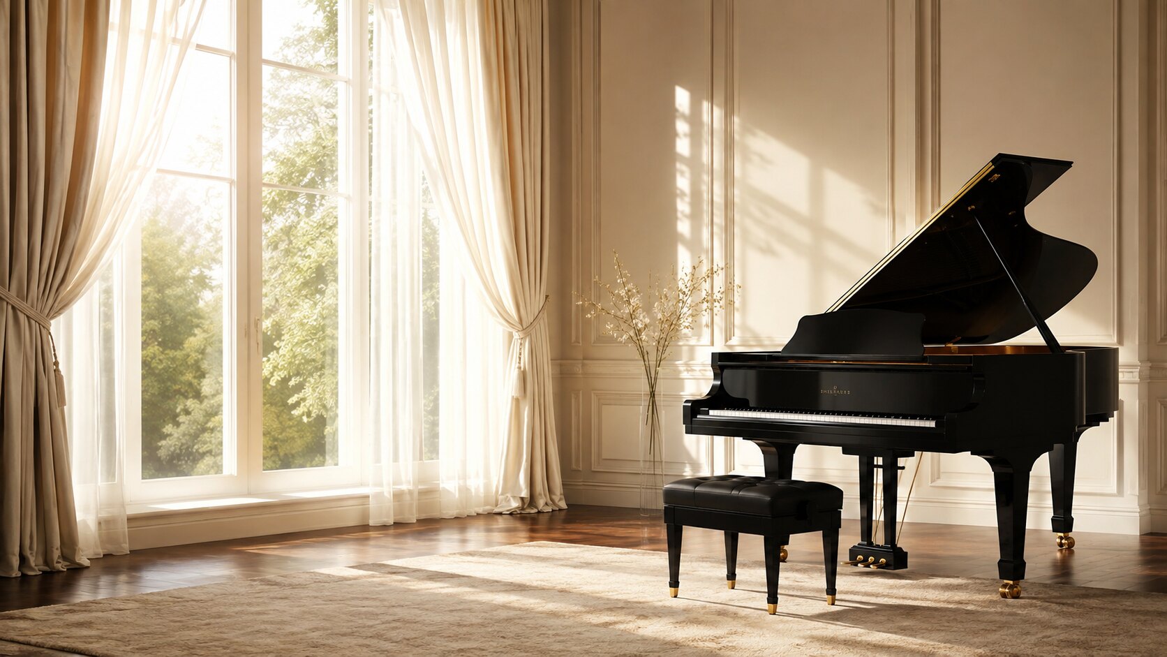 Elegant grand piano in a bright, uncluttered room