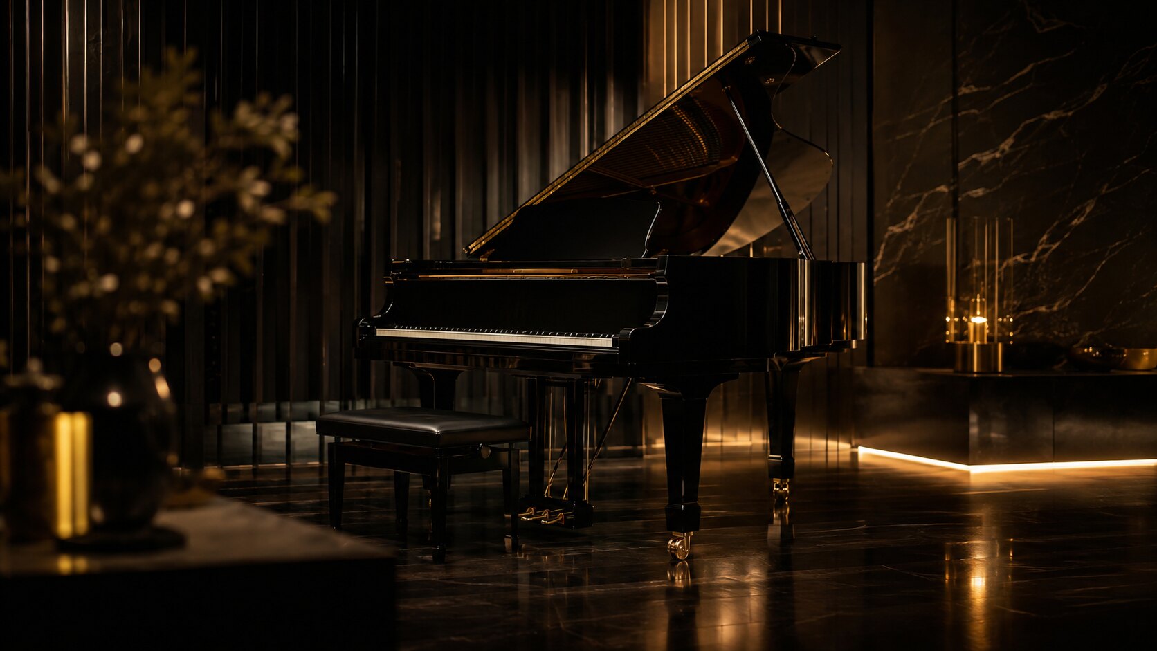 Grand piano in a refined dark performance room