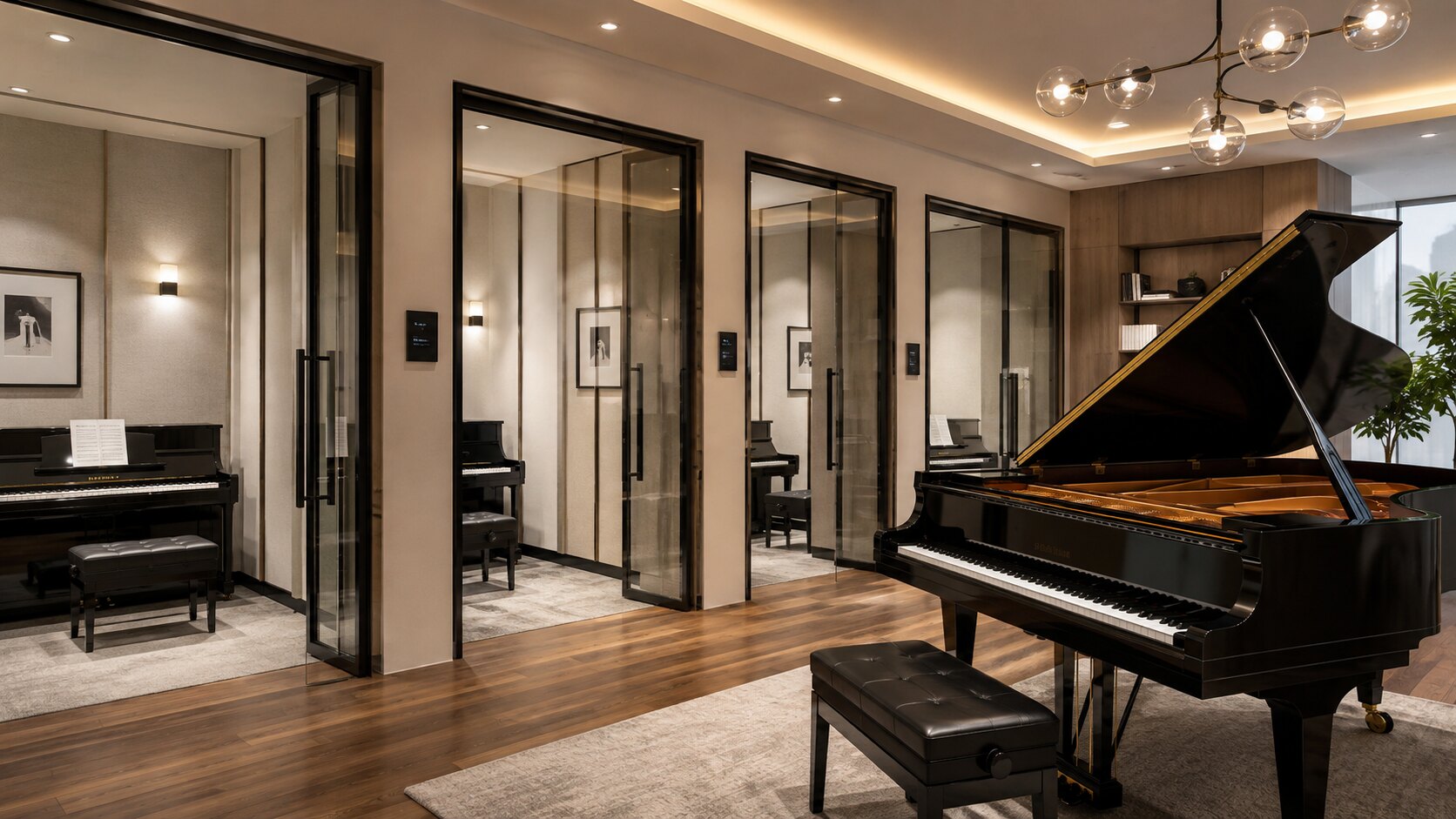 Modern piano teaching rooms arranged around a grand piano